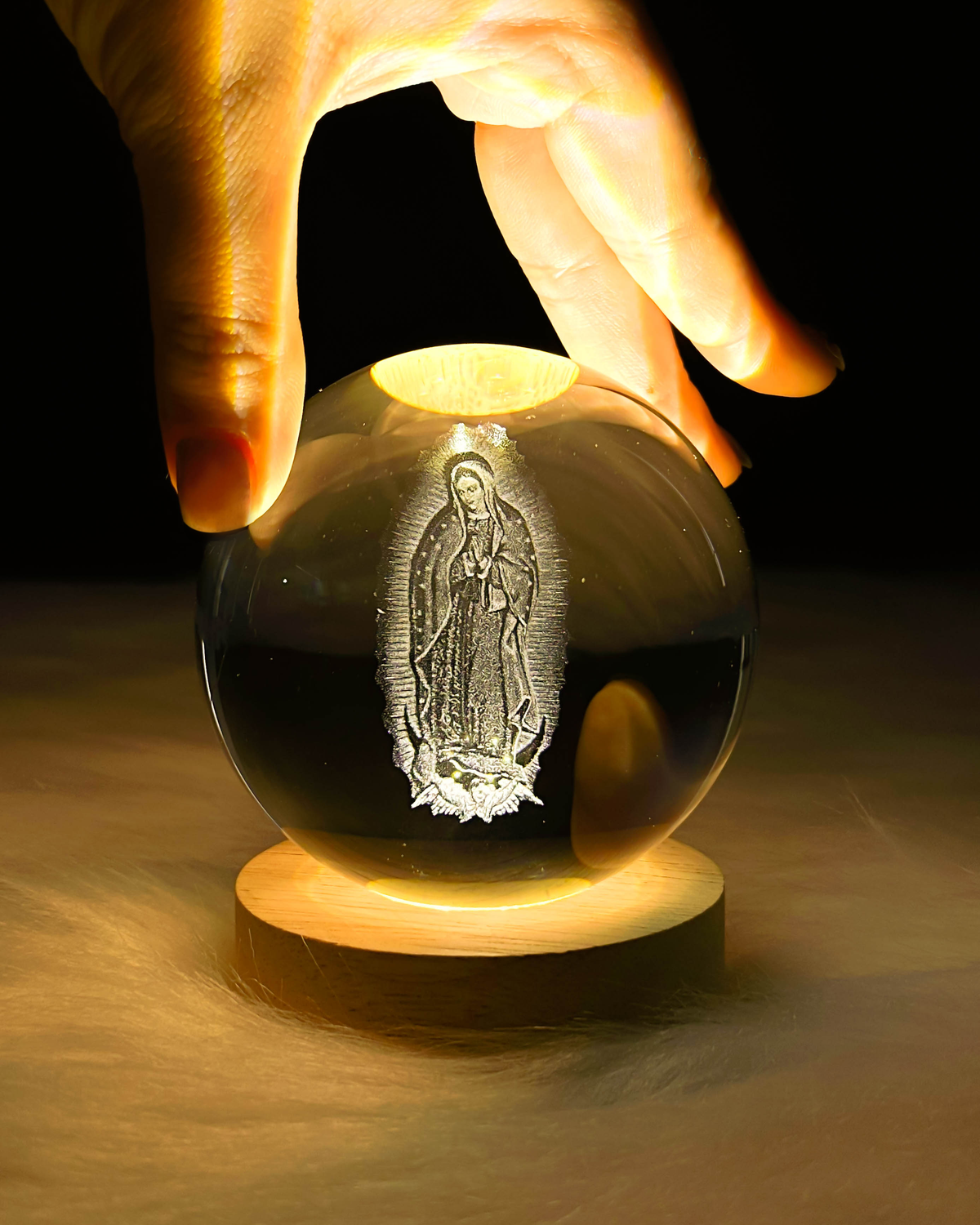 3D Lady Of Guadalupe Virgin Mary Wooden Light Base Crystal Globe