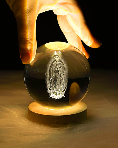 3D Lady Of Guadalupe Virgin Mary Wooden Light Base Crystal Globe