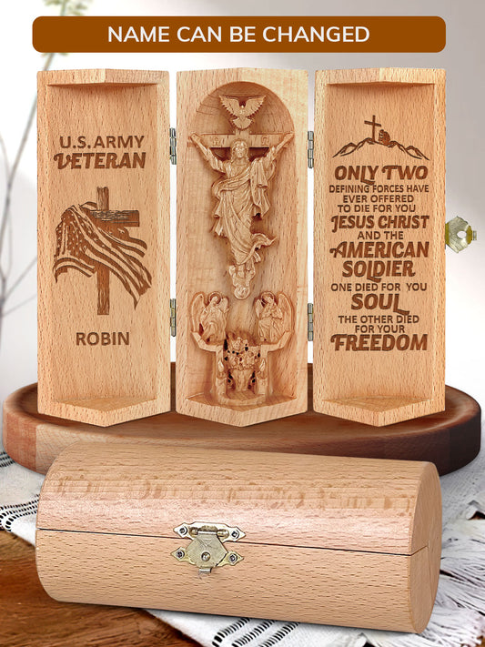 Jesus Christ & The American Soldier - Personalized Openable Wooden Cylinder Sculpture of Jesus Christ