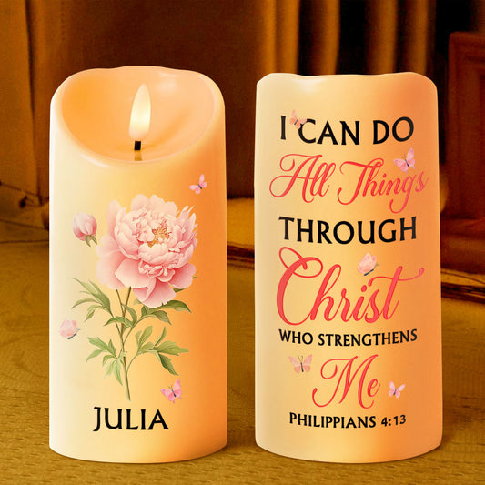 I Can Do All Things Through Christ - Birth Month Flower - Personalized Flameless LED Candle