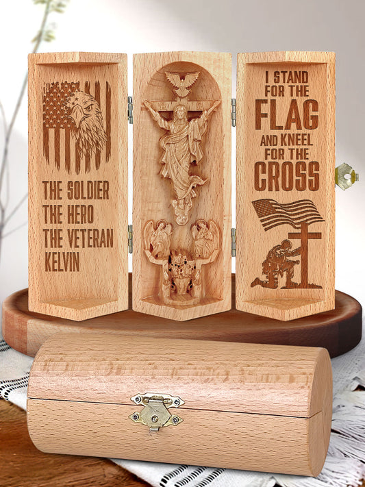 I Stand For The Flag And Kneel For The Cross - Personalized Openable Wooden Cylinder Sculpture of Jesus Christ