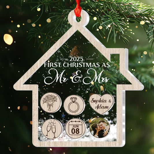 First Christmas As Mr & Mrs For Newly Married Couple - Personalized 3 Layered Christmas Shaker Ornament FCCSOLETN2191L