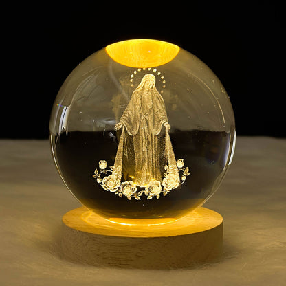 3D The Virgin Mary Wooden Light Base Crystal Globe