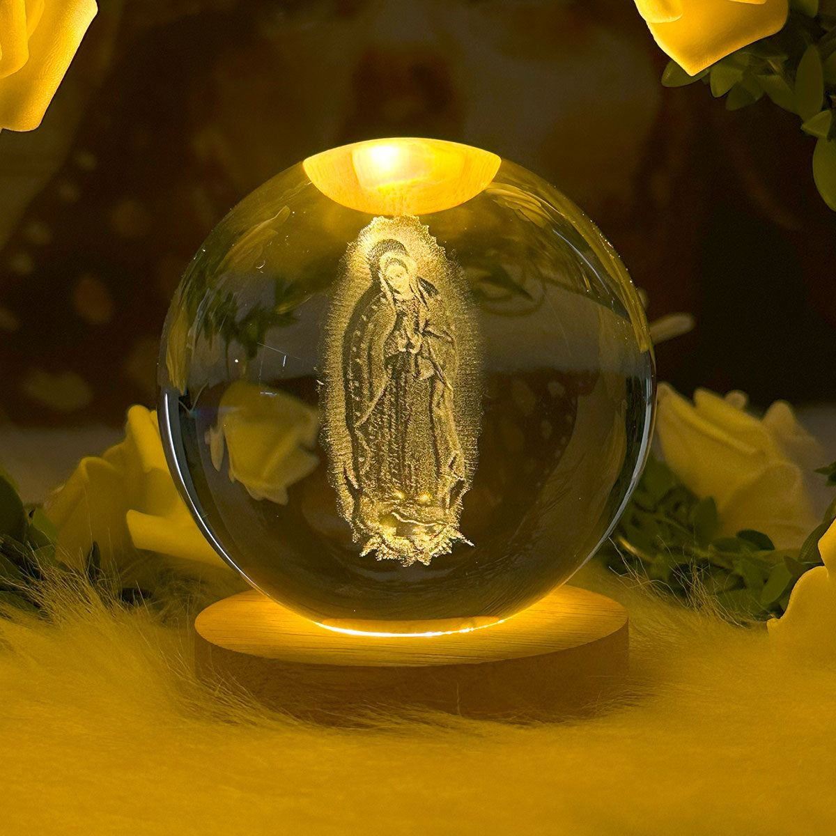 3D Lady Of Guadalupe Virgin Mary Wooden Light Base Crystal Globe