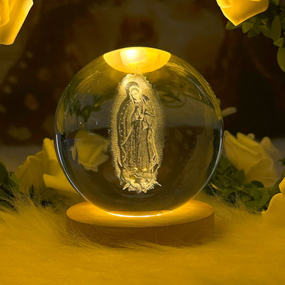 3D Lady Of Guadalupe Virgin Mary Wooden Light Base Crystal Globe