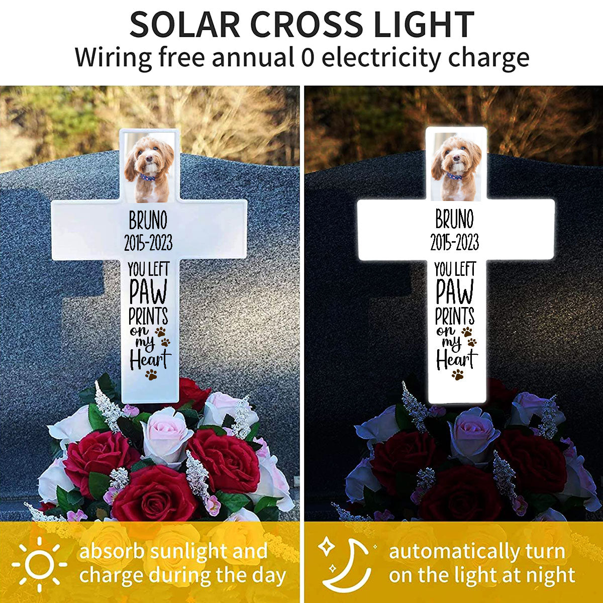 Personalized Solar Powered Lighted White Cross | Memorial Quotes For Beloved Pets SPLWCH10-15